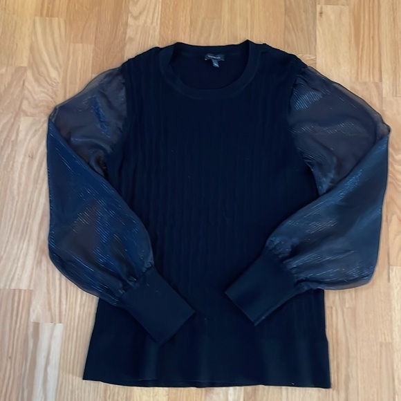Talbots Woven Sheer Sleeve Black Crewneck Pullover Sweater Size Large - Picture 3 of 12